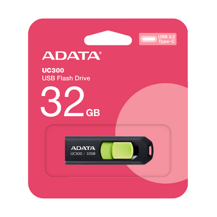Memoria USB ADATA UC300 | 32GB | USB 3.2 Gen 1 Tipo-C | Hasta 100 MB/s | Diseño Retráctil | Negro/Verde | ACHO-UC300-32G-RBK/GN