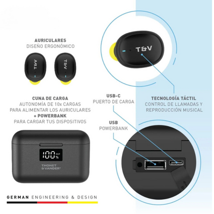 Audífono In-Ear Thonet & Vander BOHNE TOPP | Bluetooth 5.0 | Caja de Carga con Power Bank Integrado