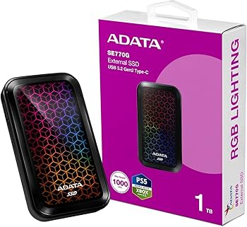 Disco Duro Externo Sólido ADATA SE770G | 1TB | USB 3.2 Gen2 | RGB | Lectura 1000 MB/s | Escritura 800 MB/s | ASE770G-1TU32G2-CBK