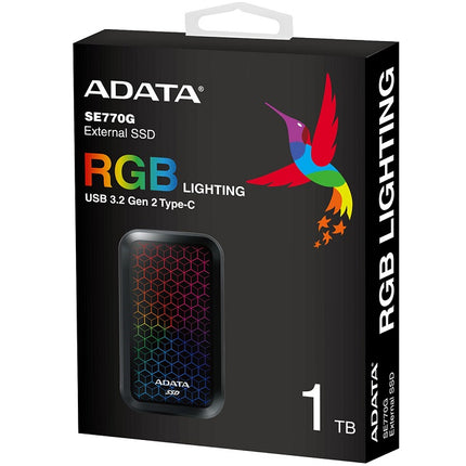Disco Duro Externo Sólido ADATA SE770G | 1TB | USB 3.2 Gen2 | RGB | Lectura 1000 MB/s | Escritura 800 MB/s | ASE770G-1TU32G2-CBK