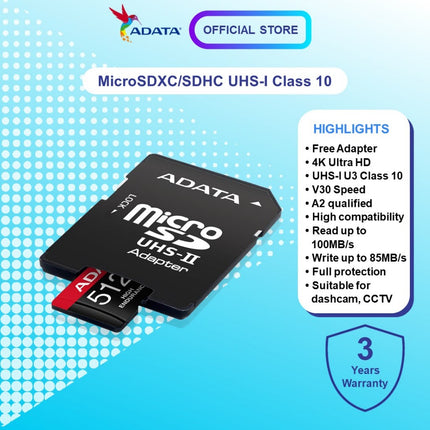 Memoria MicroSDXC ADATA High Endurance | 512GB | Clase 10 | UHS-I U3 | V30 | A2 | 100/85 MB/s | Con Adaptador SD