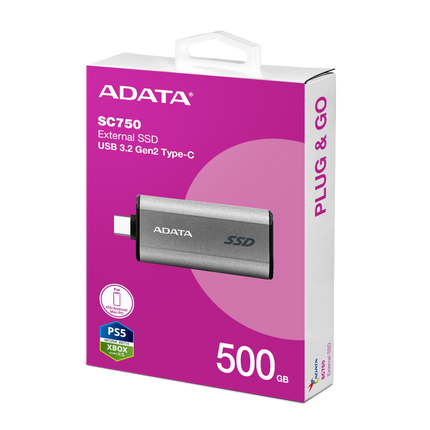 Disco Duro Externo Sólido ADATA SC750 | 500GB | USB 3.2 Gen2 | Hasta 1,050/1,000 MB/s | Conector Tipo-C Retráctil | SC750-500G-CCBK
