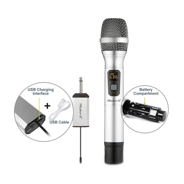 Studio Z Micrófono Inalámbrico UHF Mini Receptor Recargable Plateado GW-R101