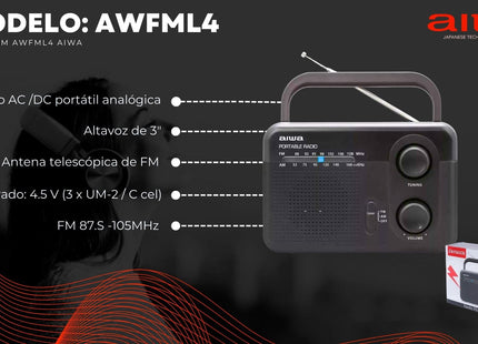 AIWA Radio FM Portátil AWFML4 Negro