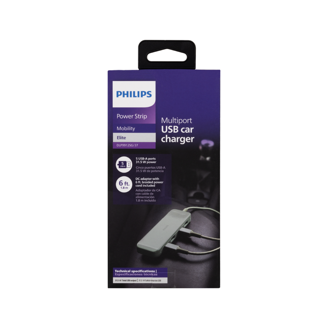 Philips DLP9912SG/37 Cargador para Vehículo de 31.5 W con 5 USB-A y Cable de 1.8 m