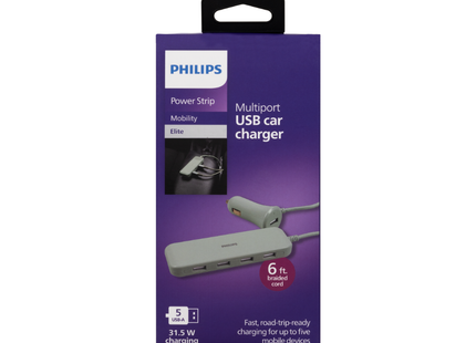 Philips DLP9912SG/37 Cargador para Vehículo de 31.5 W con 5 USB-A y Cable de 1.8 m