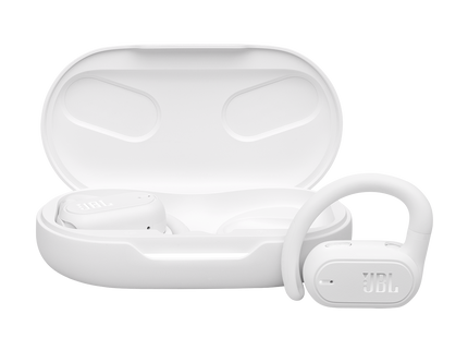Audífonos JBL Soundgear Sense blancos vista frontal con estuche de carga