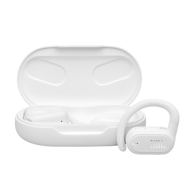 Audífonos JBL Soundgear Sense blancos vista frontal con estuche de carga