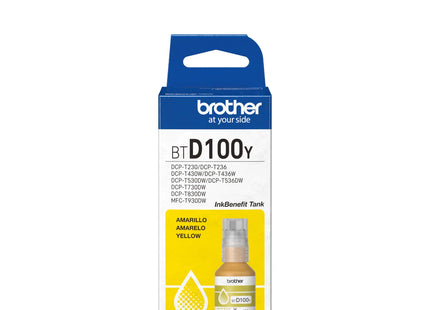 Tinta Brother BTD100Y amarillo sistema antiderrames vista lateral del envase