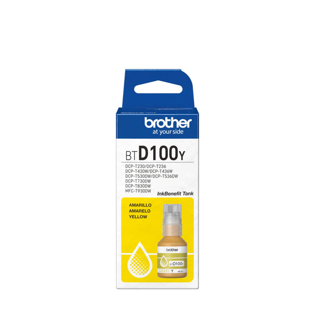 Tinta Brother BTD100Y amarillo sistema antiderrames vista lateral del envase