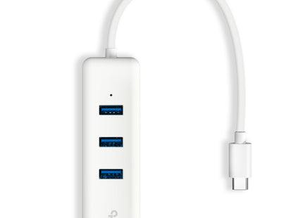 Adaptador TP-Link UE330C vista frontal con puertos USB 3.0 y Ethernet
