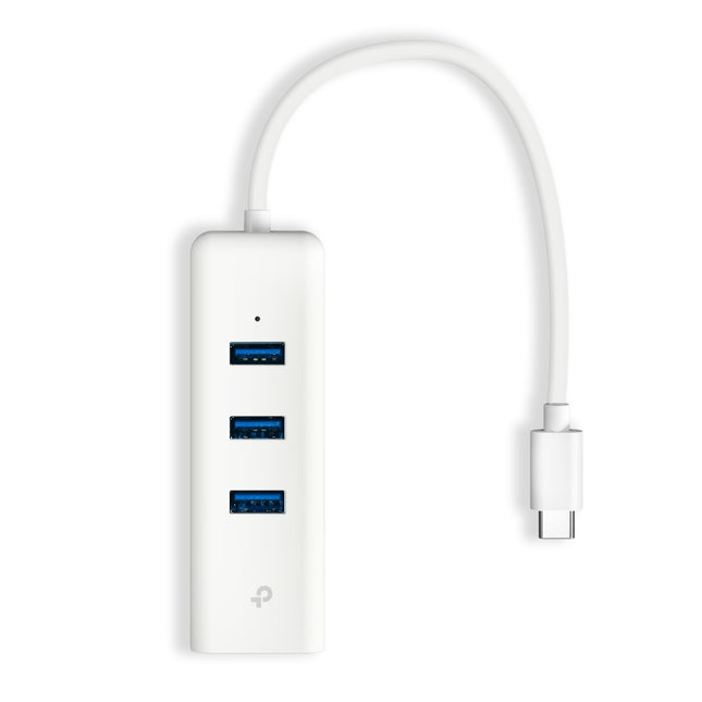 Adaptador TP-Link UE330C vista frontal con puertos USB 3.0 y Ethernet