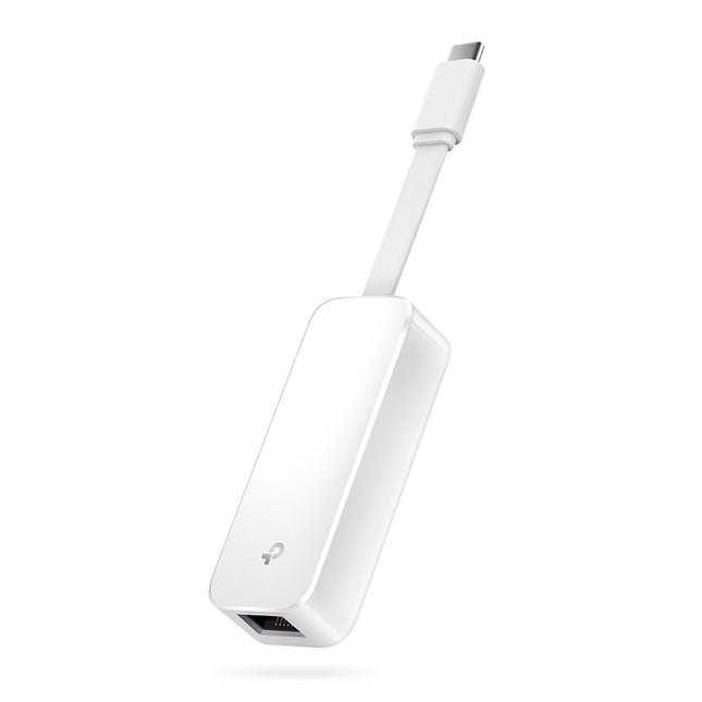 Adaptador USB a Ethernet TP-Link UE300C blanco vista frontal con conector USB