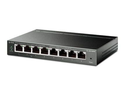 Switch TP-Link TL-SG108PE vista lateral mostrando ventilación y diseño compacto