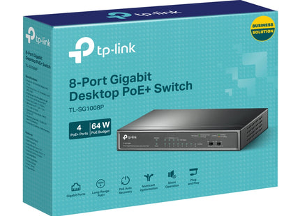 Switch TP-Link TL-SG1008P en ambiente de oficina sobre escritorio
