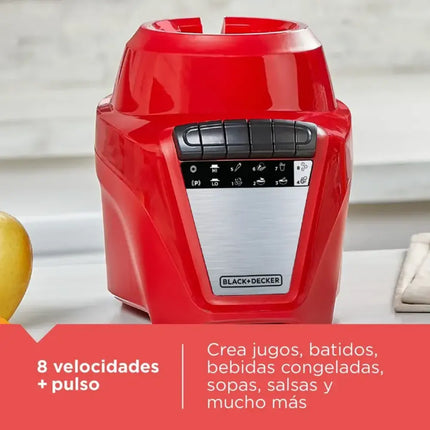 Licuadora Black+Decker BL0876‑2RDLA | 700 W | 8 Velocidades + Pulso | Jarra Vidrio 1.25 L | Acero Inoxidable | Roja