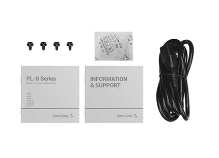 Vista superior de fuente de poder DeepCool PL650D con especificaciones técnicas y modelo