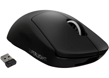Mouse gamer Logitech PRO X SUPERLIGHT negro vista frontal con diseño ergonómico