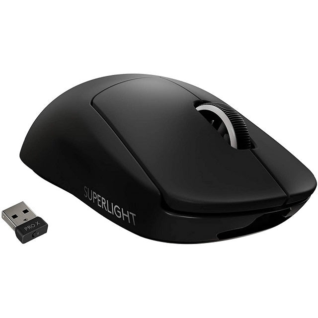 Mouse gamer Logitech PRO X SUPERLIGHT negro vista frontal con diseño ergonómico