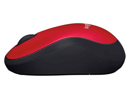 Mouse Logitech M185 rojo vista lateral mostrando diseño ergonómico ambidextro