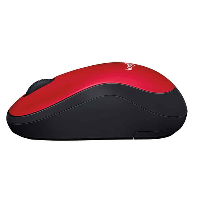 Mouse Logitech M185 rojo vista lateral mostrando diseño ergonómico ambidextro