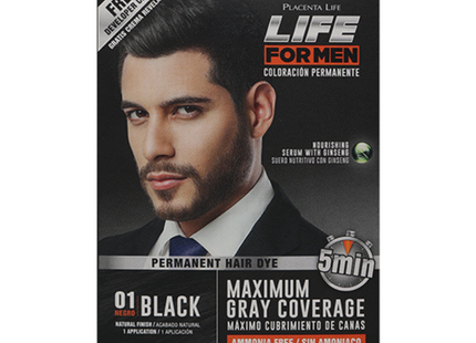 Tinte Life for Men 01 Black 2×35 ml | Placent Life | Coloración sin amoníaco rápida que cubre canas y fortalece con ginseng