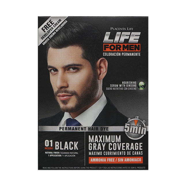 Tinte Life for Men 01 Black 2×35 ml | Placent Life | Coloración sin amoníaco rápida que cubre canas y fortalece con ginseng