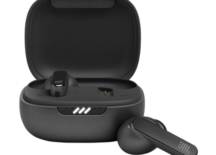 Audífonos JBL Live Pro 2 negros vista frontal con estuche de carga