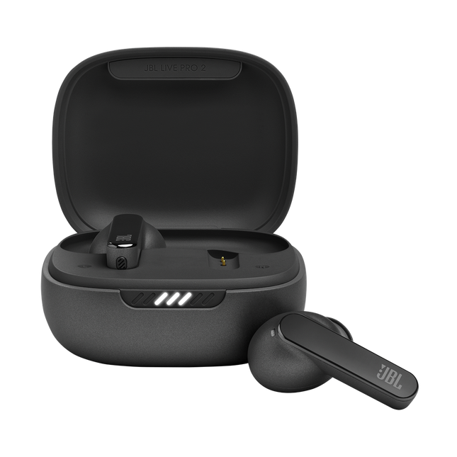 Audífonos JBL Live Pro 2 negros vista frontal con estuche de carga