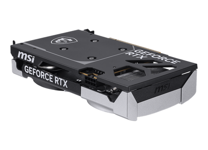 Tarjeta de video MSI RTX 5050 perfil lateral mostrando conectores PCIe