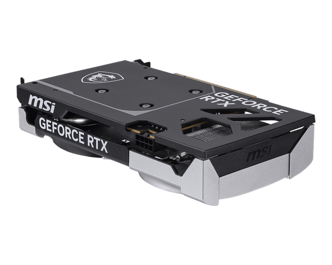 Tarjeta de video MSI RTX 5050 perfil lateral mostrando conectores PCIe