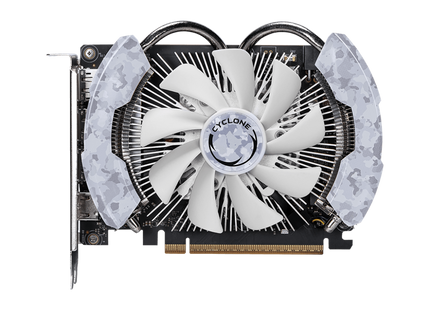 Tarjeta de video MSI GeForce RTX 5060 Cyclone OC vista frontal con ventiladores de enfriamiento