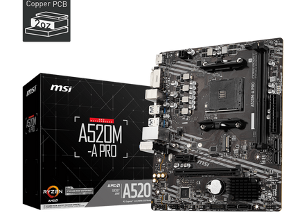 Vista diagonal de la motherboard MSI A520M-A PRO formato Micro-ATX sobre fondo blanco