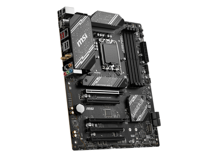 MSI B760 Gaming Plus WiFi vista diagonal mostrando slots DDR5 y conectores