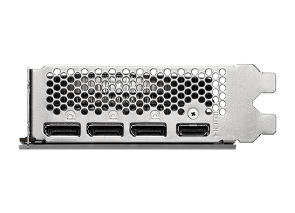 Ángulo diagonal de tarjeta de video MSI GeForce RTX 5060 destacando sistema de enfriamiento Cyclone
