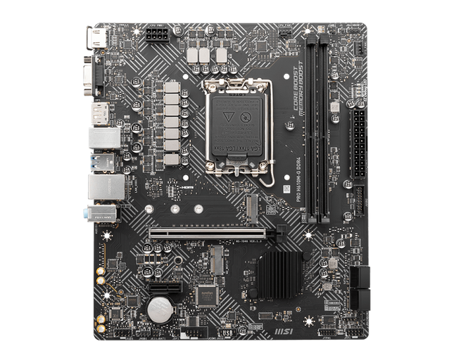 Tarjeta madre MSI PRO H610M-G vista frontal con socket LGA 1700 y ranuras DDR4