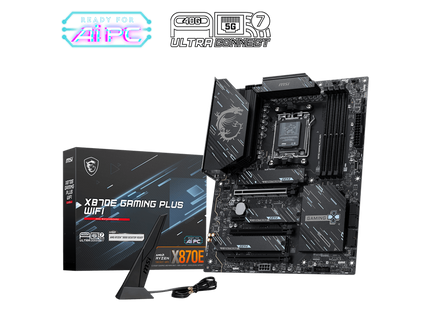Conectores de alimentación y headers frontales en MSI X870E Gaming Plus WiFi