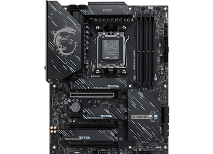 Tarjeta madre MSI X870E Gaming Plus WiFi vista frontal con socket AM5 y slots DDR5