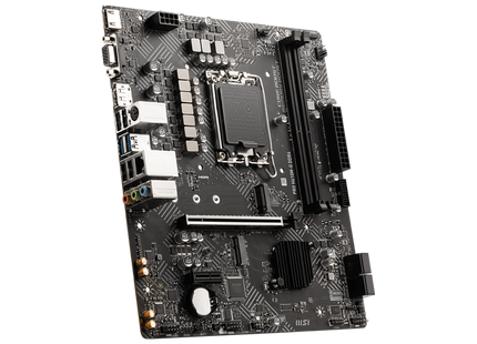 Vista diagonal de motherboard MSI H610M-G mostrando conectores y componentes principales