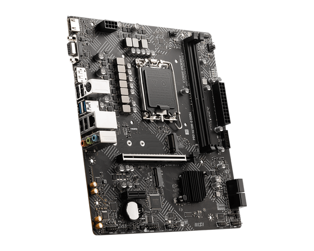 Vista diagonal de motherboard MSI H610M-G mostrando conectores y componentes principales