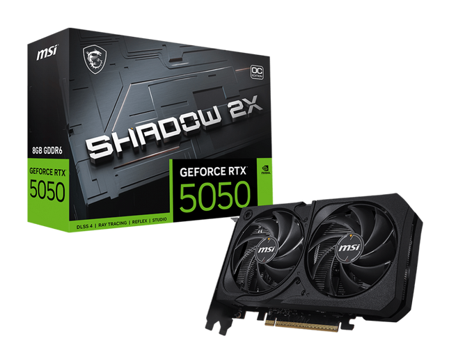 GPU MSI RTX 5050 Shadow 2X mostrando conectores de alimentación traseros
