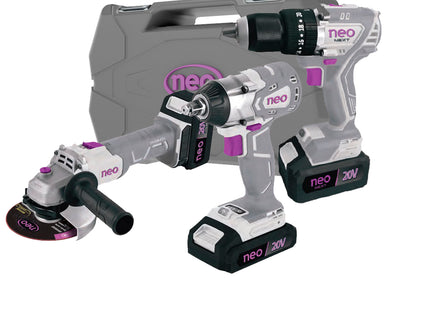 NEO Combo 20 V con Taladro 1/2", Esmeril 4-1/2" y Llave de Impacto 1/2", K2-4