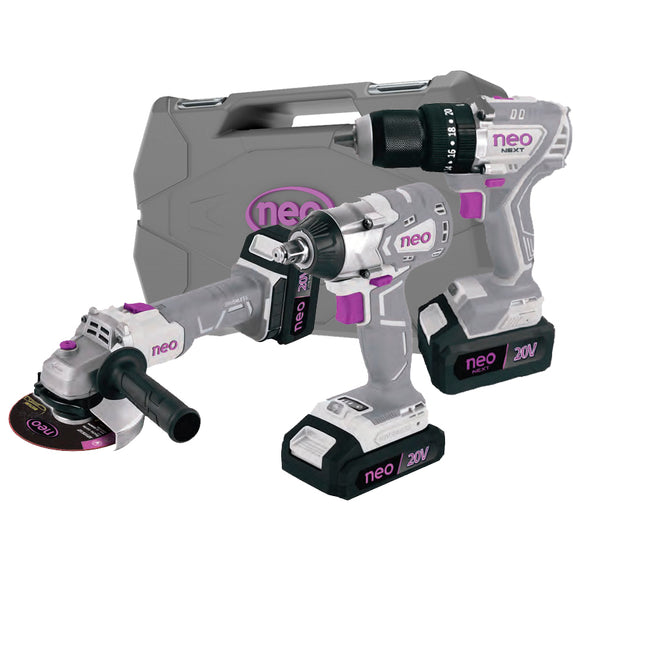 NEO K2-4 Combo 20 V con Taladro 1/2", Esmeril 4-1/2" y Llave de Impacto 1/2"