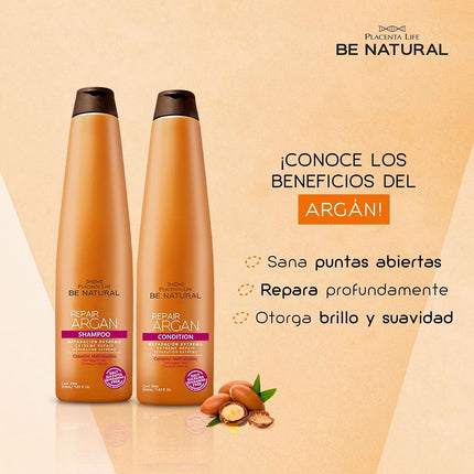 Shampoo Reparador Argán Placent Life | 350ml | Nutrición y brillo para cabello dañado o seco