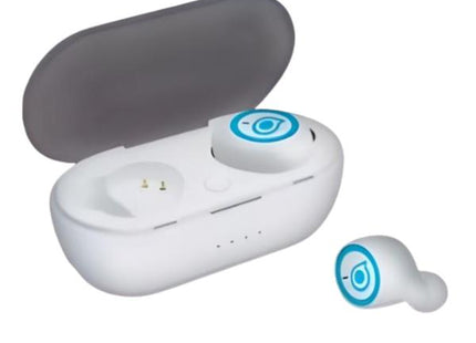 Audífonos Alcatel TW3 inalámbricos Bluetooth blancos y azules vista frontal