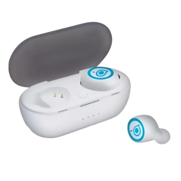Audífonos Alcatel TW3 inalámbricos Bluetooth blancos y azules vista frontal