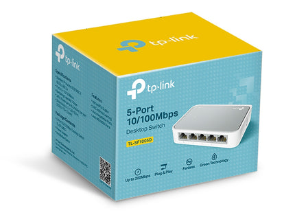 Switch TP-Link TL-SF1005D vista posterior con entrada de corriente DC y especificaciones