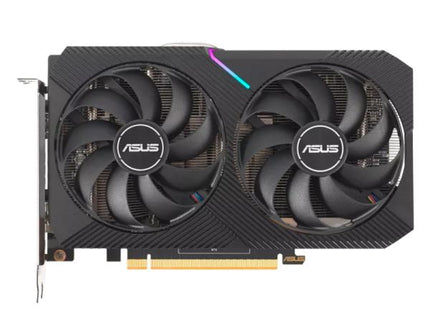 Tarjeta de video ASUS DUAL Radeon RX 6600 8GB vista frontal con ventiladores duales negros