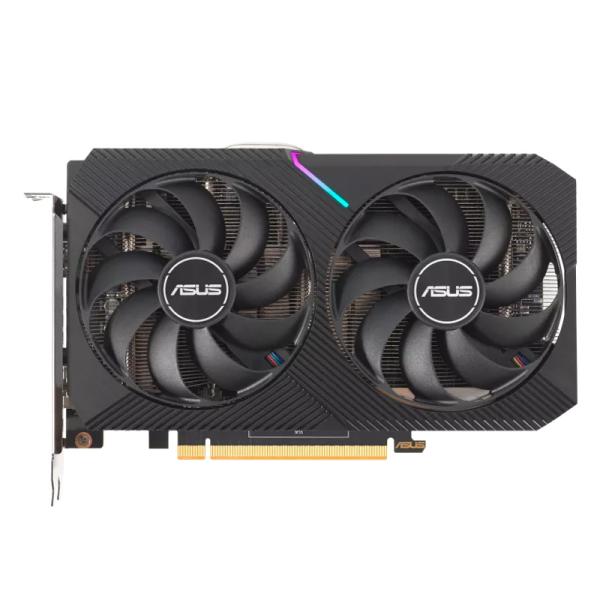 Tarjeta de video ASUS DUAL Radeon RX 6600 8GB vista frontal con ventiladores duales negros