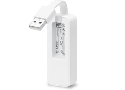 Adaptador TP-Link UE200 conectado a laptop mostrando compatibilidad USB 2.0